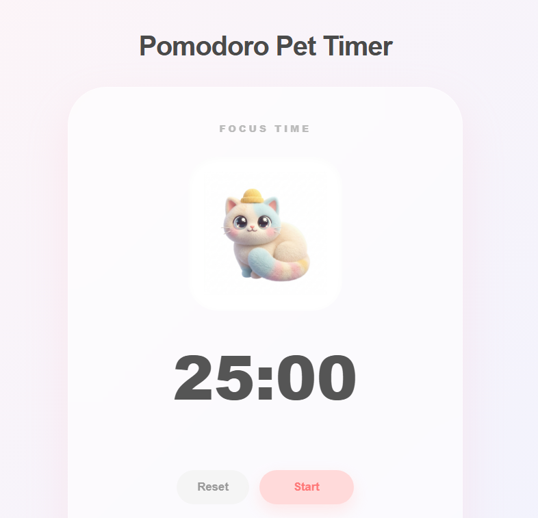 A minimalist productivity timer interface design with a cute pet character, displaying focus and break session timers in soft mint green and white colors.